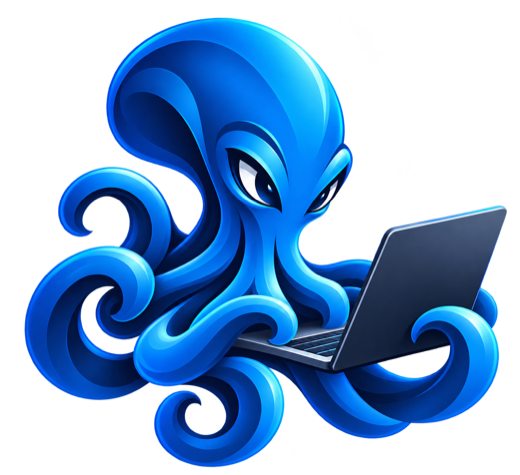 La pieuvre, mascotte de LSA Solution, devant un ordinateur portable